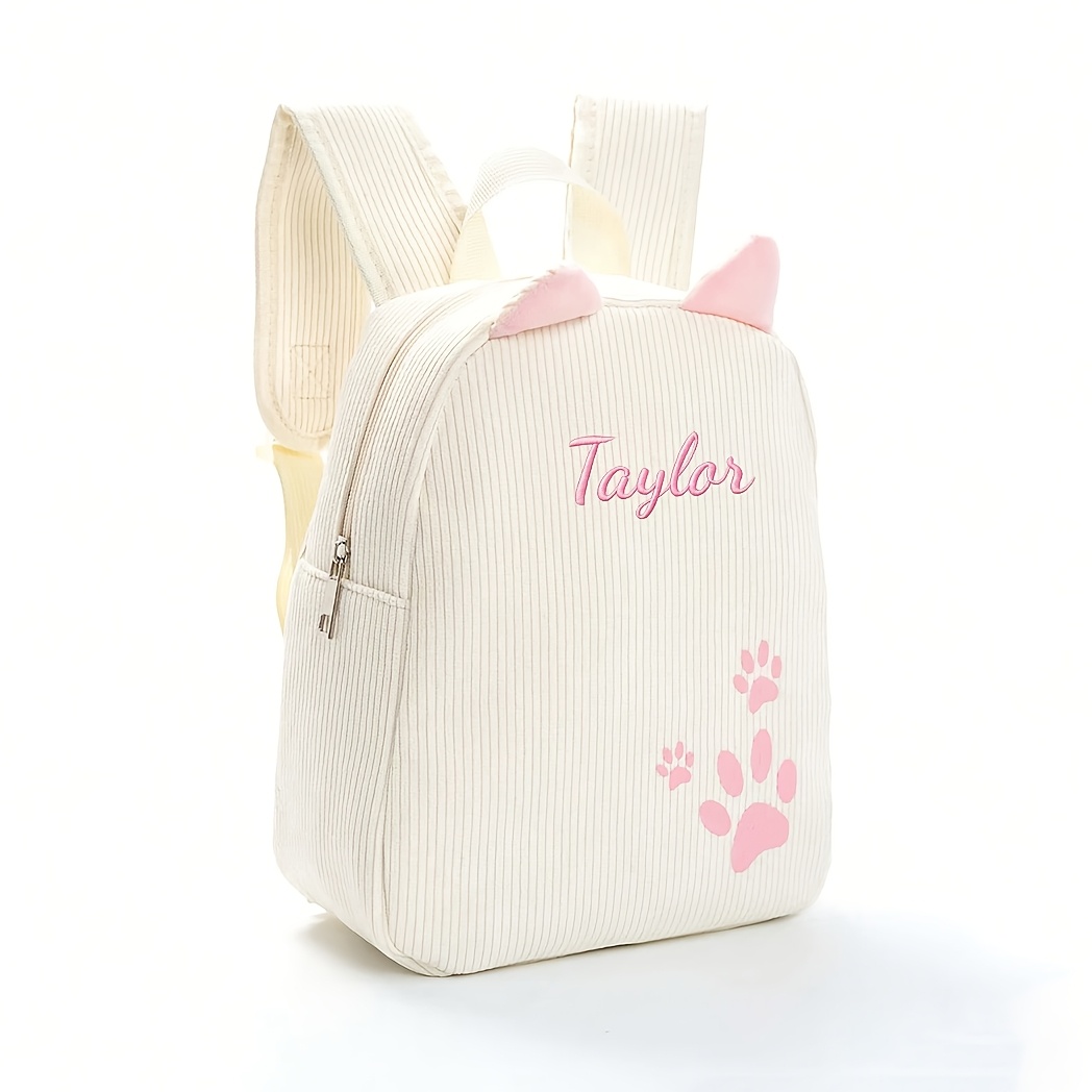Image of 1pc Custom Embroidered Corduroy Footprint Print Women's Backpack, Embroidered , Outdoor Travel, Back-to-, A Unique Holiday