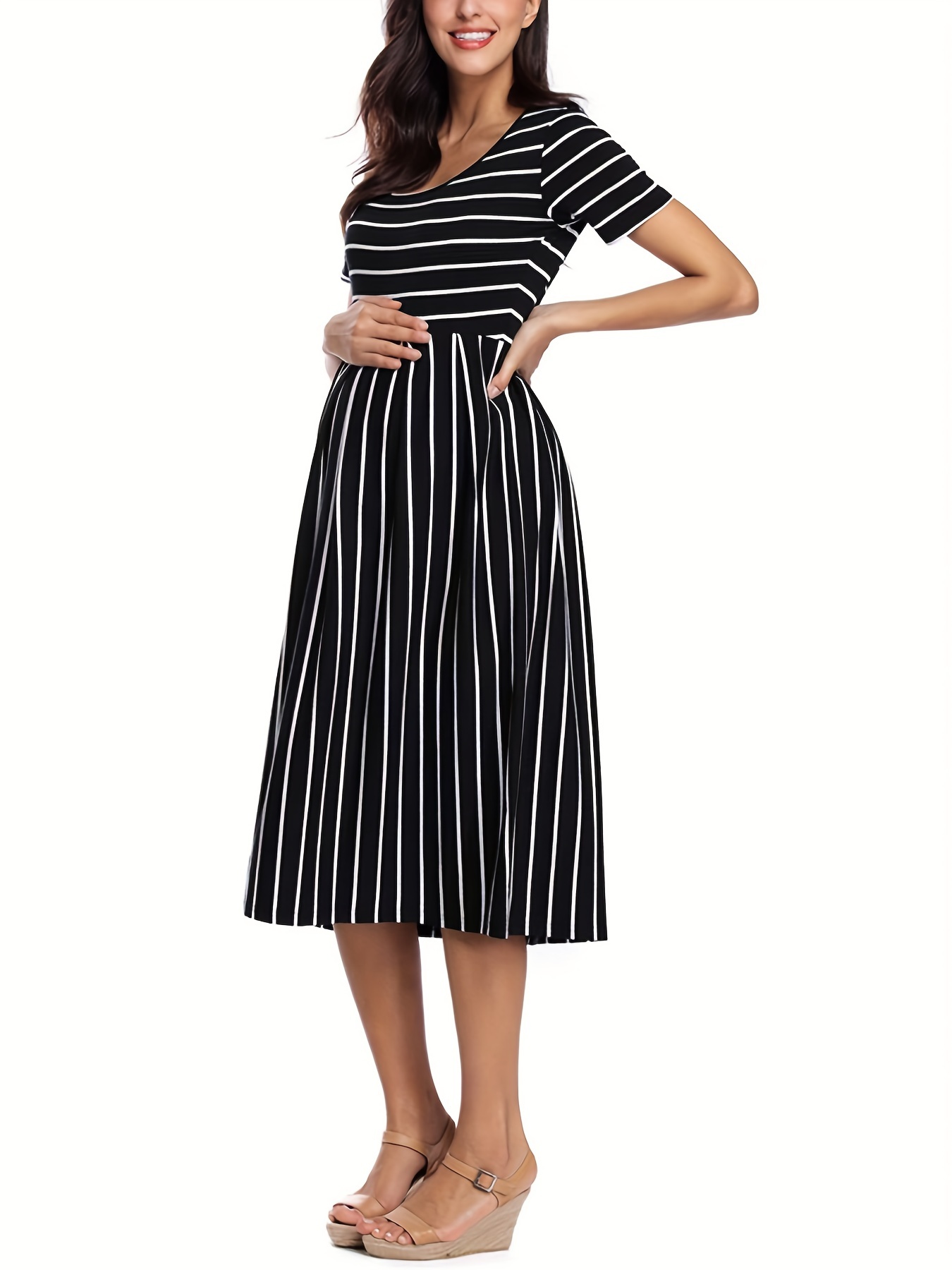 womens casual striped maternity dress short 3 4 sleeve knee - Temu