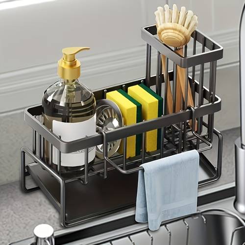 heavy duty black kitchen sink organizer with drain tray rust resistant carbon steel sink storage rack with sponge holder and brush holder space saving countertop sink caddy for kitchen storage and organization