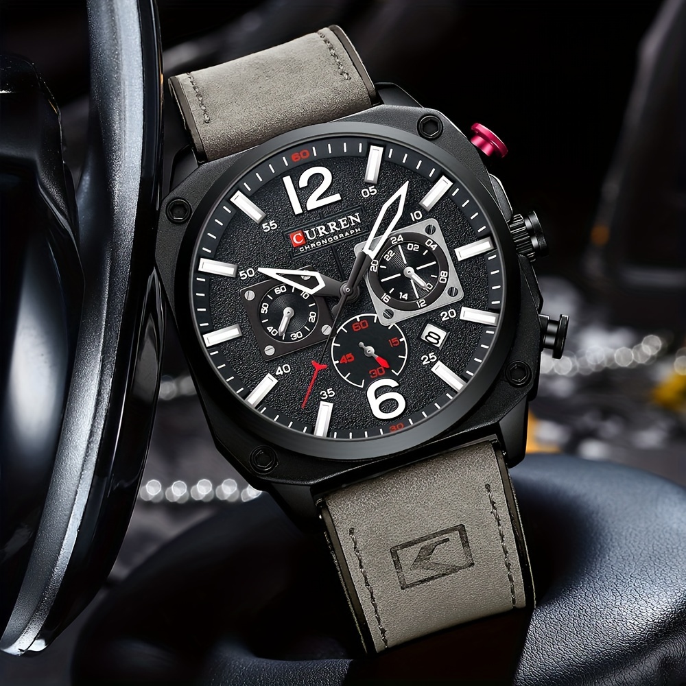 mens fashionable sports watch multifunctional chronograph quartz luminous hands date display   alloy case square dial electronic movement silicone strap   details 17