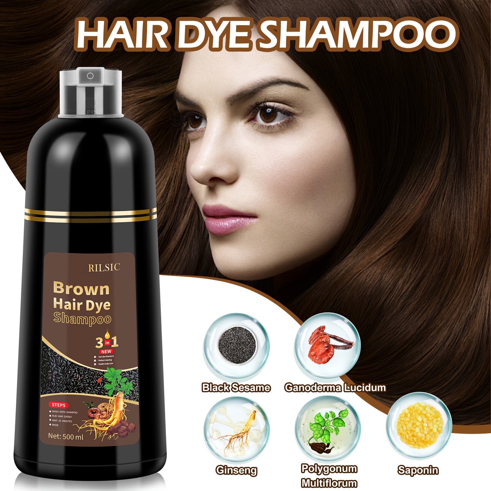 RILSIC 3pcs Hair Dye Shampoo, Quick Acting Hair Dye, Highly Coverage Of White Hair, Containing Ginseng Essence Extract, Moisturizing Hair Care - Both Male And Female Adults Can Use, Suitable for All Kinds Of Hair