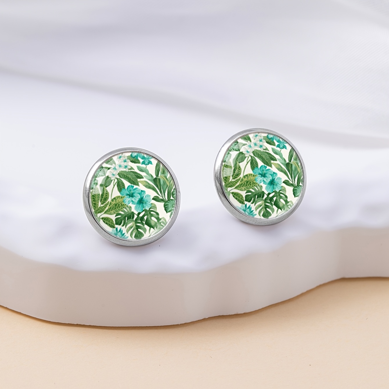 Women's Tropical Monstera Leaf Round Ear Studs, Stainless Steel