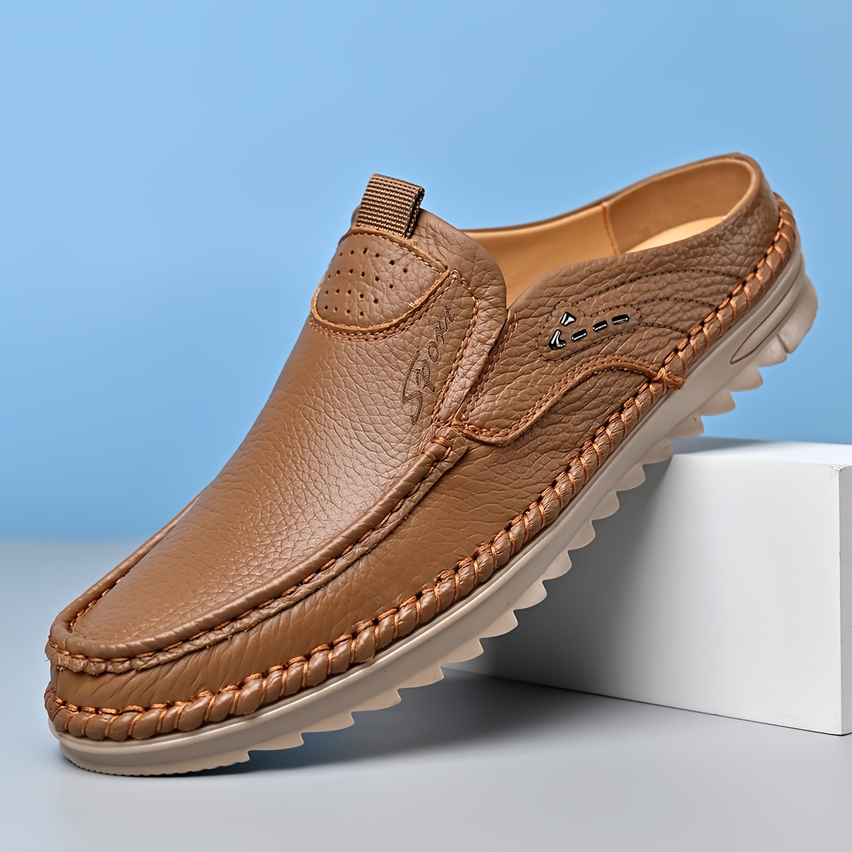   cowhide upper 2025 high end new mens semi enclosed mule shoes hand stitched upper for       in 3 colors comfortable and stylish breathable and lightweight slip on mens sandals offered in 10 sizes for all day