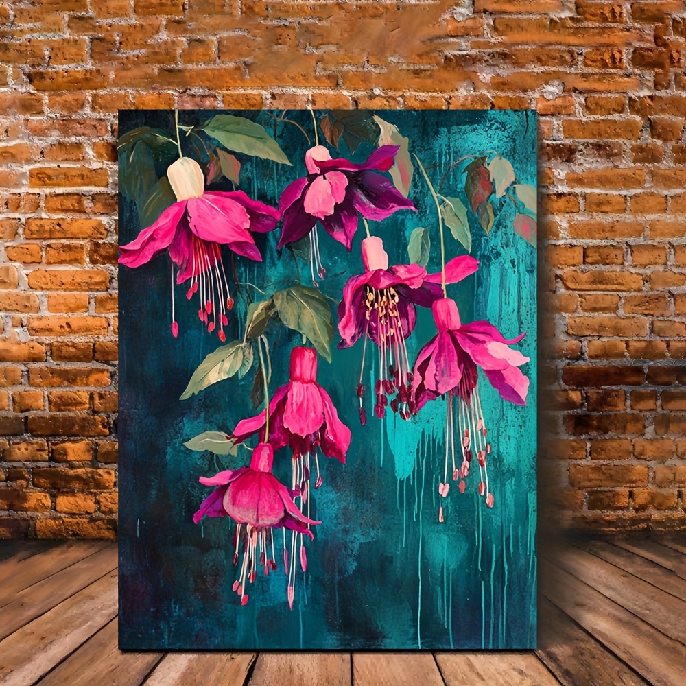TEMU 1pc Fuchsia & Teal Floral Canvas Art With Design - Vibrant On Green Leaves, Modern Wall Decor For Indoor/outdoor Use, Kitchen, Home Office,