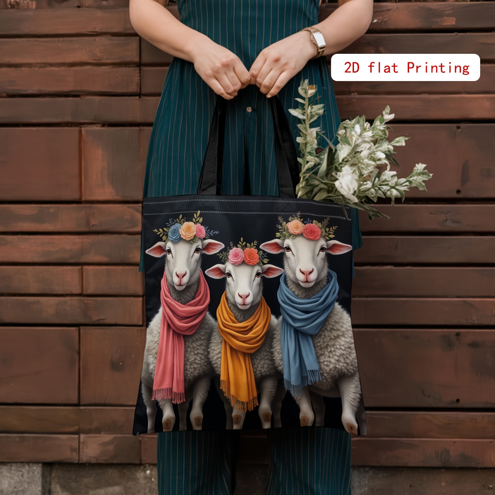 TEMU 1pc 2d Printed Sheep And Wreath Pattern Unisex Tote Bag, Commute Canvas Fashion Bag, With Fixed Shoulder Strap, Shoulder Bag, Fashion Folding