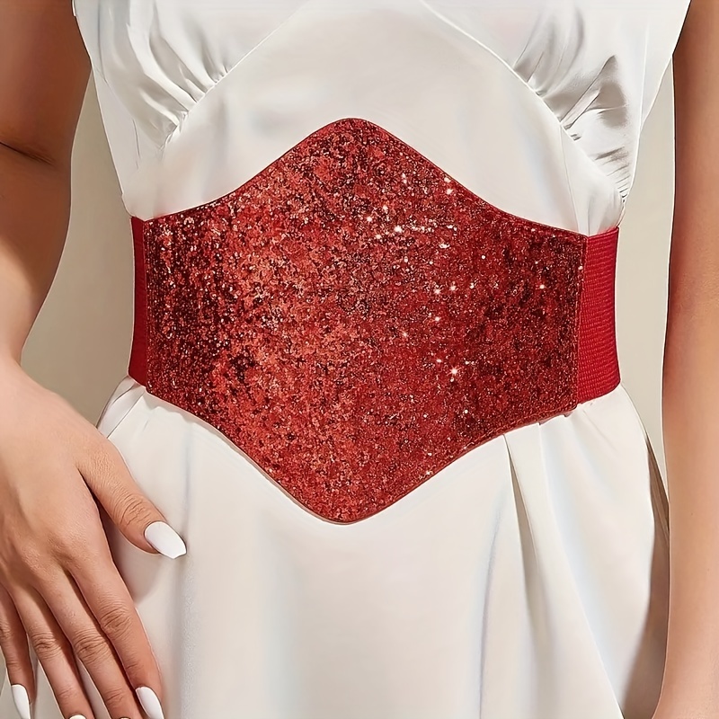 Women's Sequined Wide Belt, Solid Elastic Waist Belt