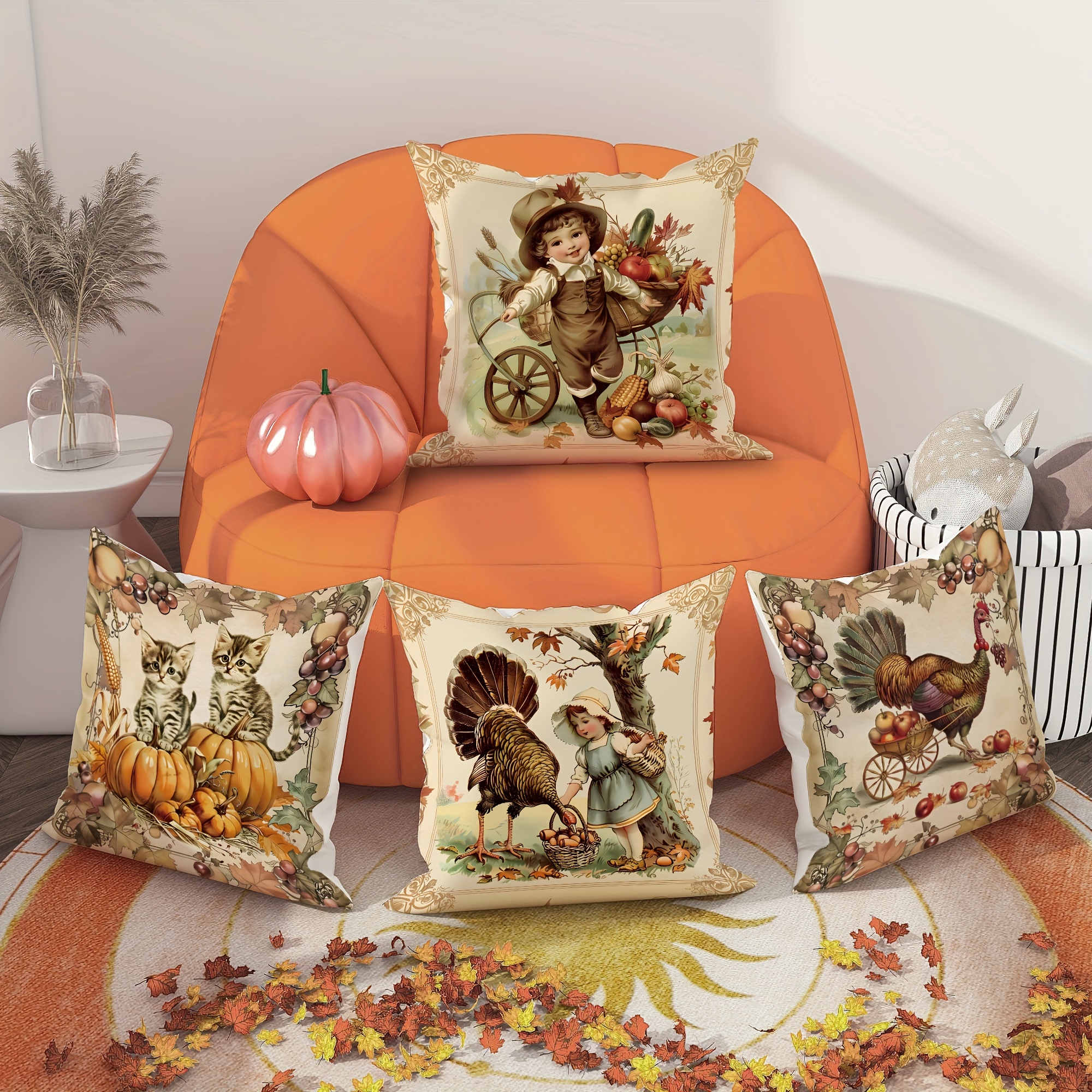 

Vintage Fall Thanksgiving Decorative Pillow Covers - 4 Pieces, 18in X 18in, One-sided Printing, No Inserts Included, Suitable For Living Room, Bedroom, Sofa, And Bed Decoration