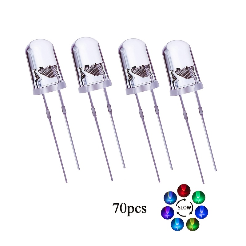 Image of 25/40/70pcs Rgb Flashing Round Led – 5mm -changing Beads, 2-pin Transistor-type Electronic Components, Suitable For Diy Projects///handicrafts, Bright Light Colors, Transparent Housing