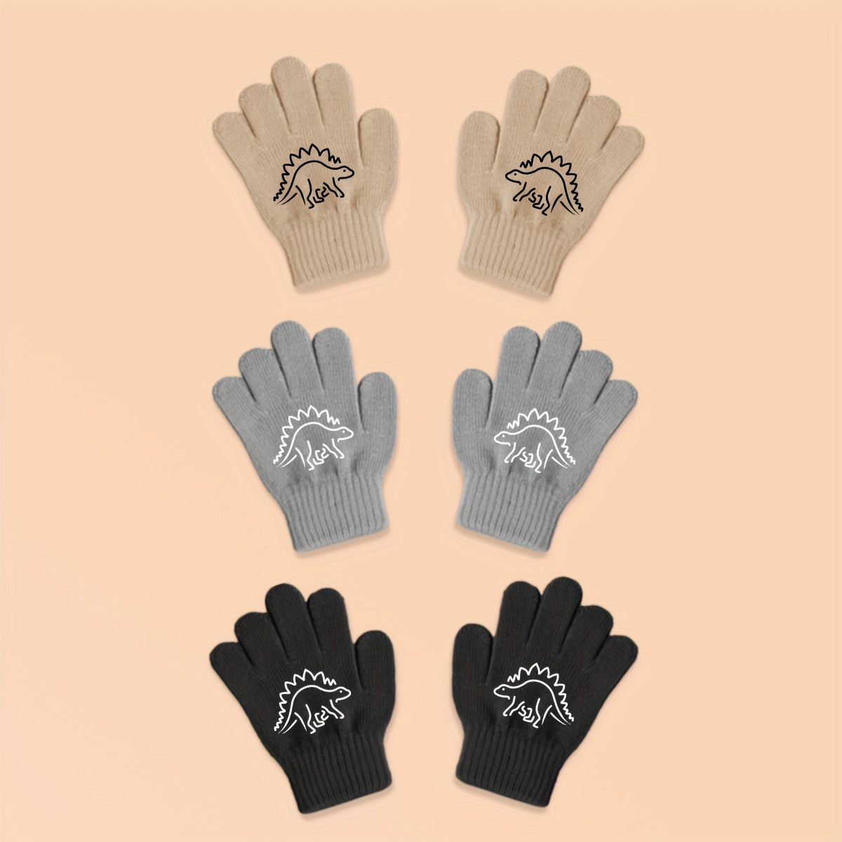 Image of 3 Pairs 1-3 Years Old Baby Cartoon Dinosaur - Patterned Knitted Gloves, Cute Warm Finger - Separated Gloves, Ideal For Babies' , Outdoor Trips, Perfect For Festival/birthday Gifts