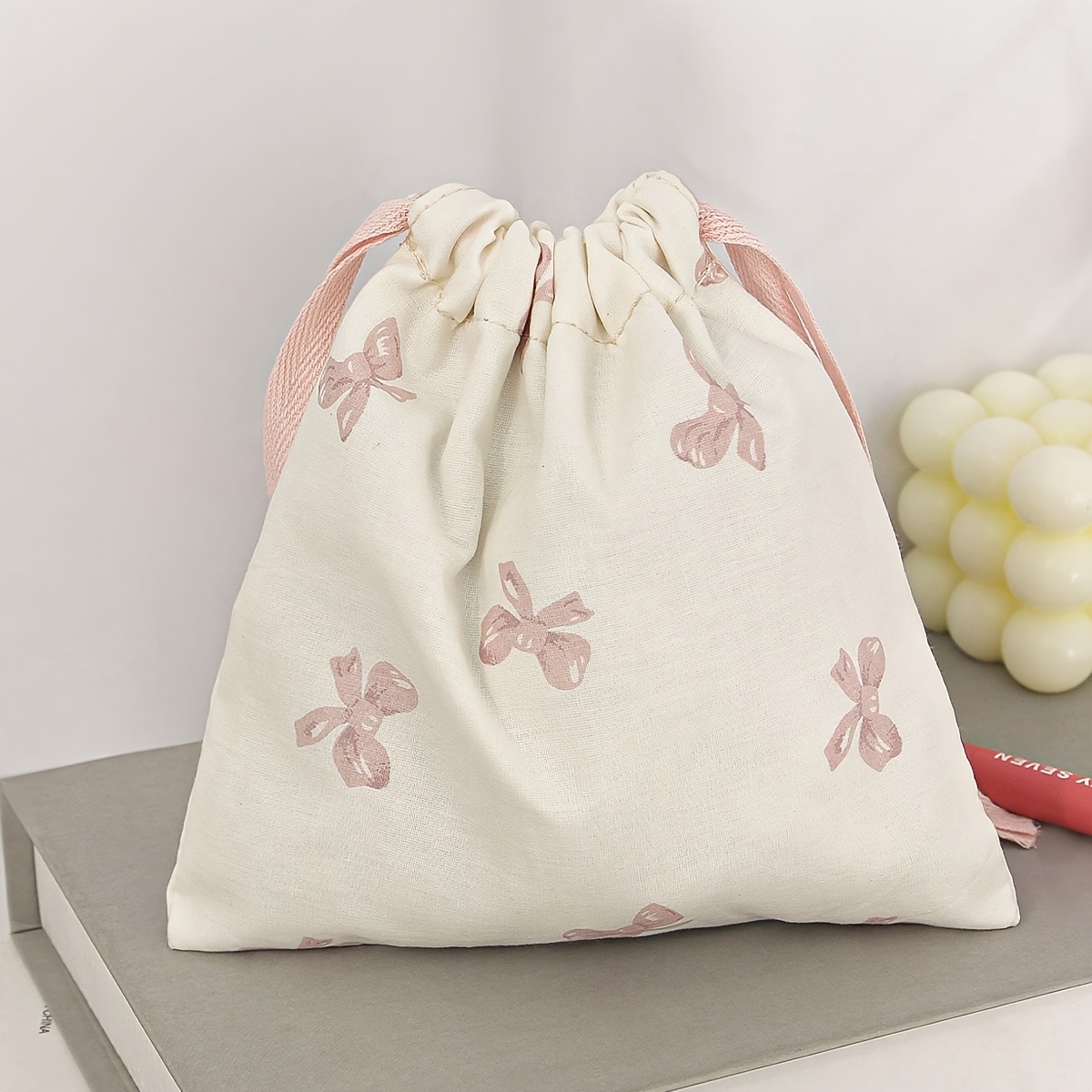 TEMU Cute Pink Bow Print Drawstring Storage Bag, Portable Drawstring Cosmetic Bag, Foldable Coin Purse, Underwear Storage Drawstring Bag, Gift