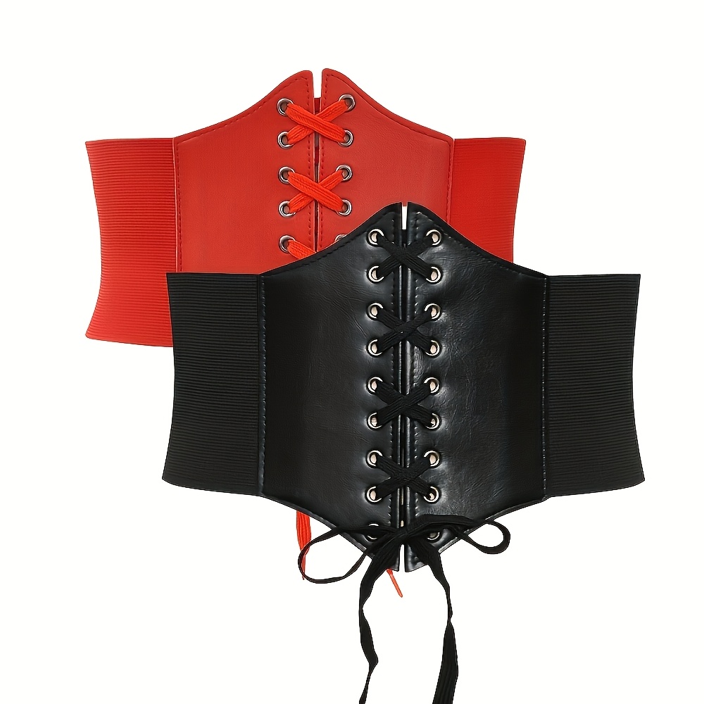 TEMU 2pcs Women's Wide Waist Cincher Belt Suitable For Dresses & Blouses, Retro Y2k Solid Color Corset Belt With Tie, Elastic Waistband For Wedding,,