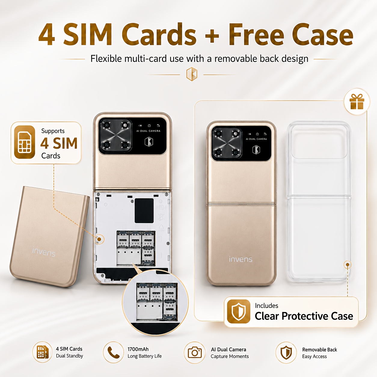 INVENS S2000 Unlocked Flip Phone for Seniors, 4 SIM Slots