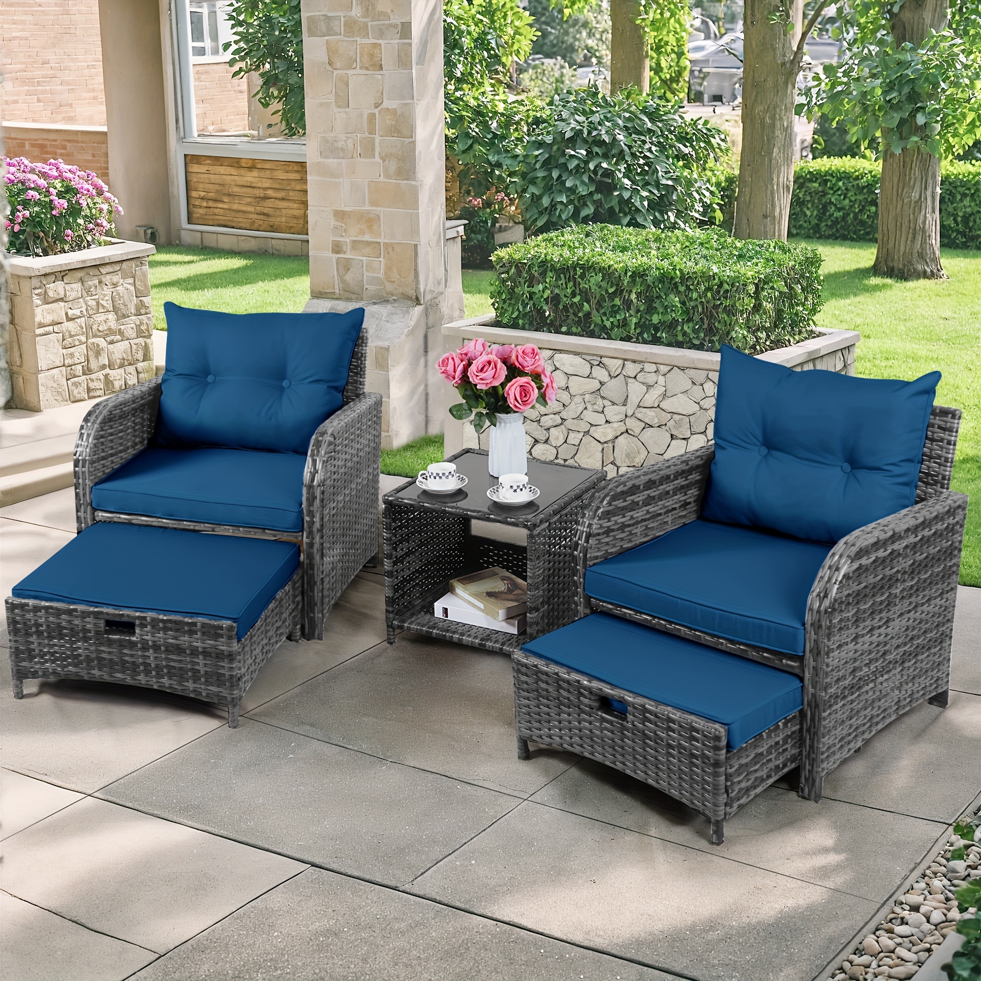 

Patio Chair With Ottomans And Table, 5pcs Pe Wicker Rattan Outdoor Patio Furniture Set, Space Saving Design Outdoor Chairs With Ottomans Set For Balcony Poolside Front Porch Deck, Grey