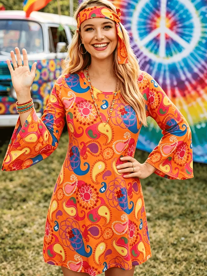 Retro 60S-70S Hippie Style Maxi Dress, Women'S Long Flared Sleeve Boho Mini Skirt with Orange Floral Print * Halloween Costume, Disco Party, Music Festival Retro 60S-70S Hippie Style Maxi Dress, Women'S Long Flared Sleeve Boho Mini Skirt with Orange Floral Print * Halloween Costume, Disco Party, Music Festival