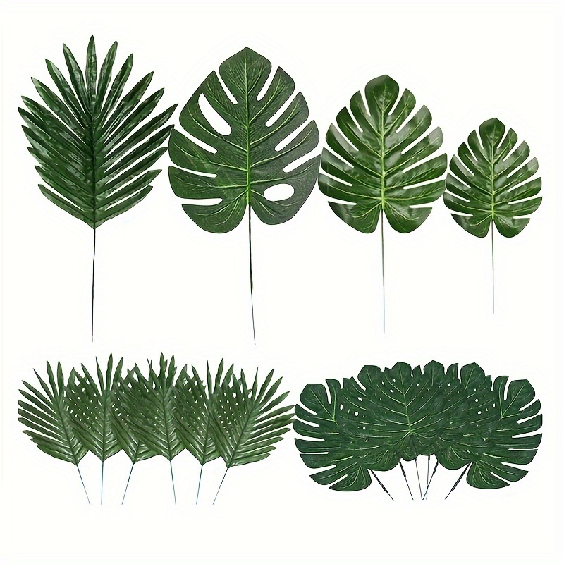 

15pcs 4 Kinds Artificial Palm Leaves With Faux Stems Tropical Plant Leaves Monstera Leaves Safari Leaves For Hawaiian Luau Party Jungle Beach Table Leave Decorations