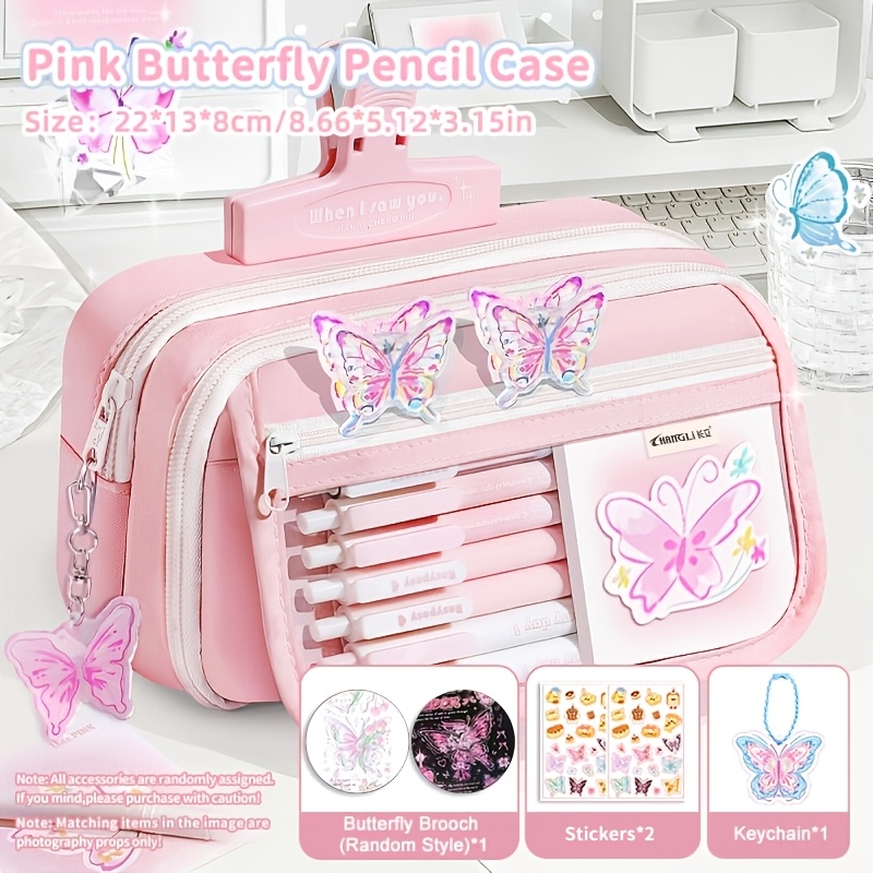E-shop Federmäppchen im Ins-Stil mit Schmetterling, großes Fassungsvermögen, 4-tlg. Set für den Schulanfang – inklusive 1 Brosche in zufälliger Farbe.