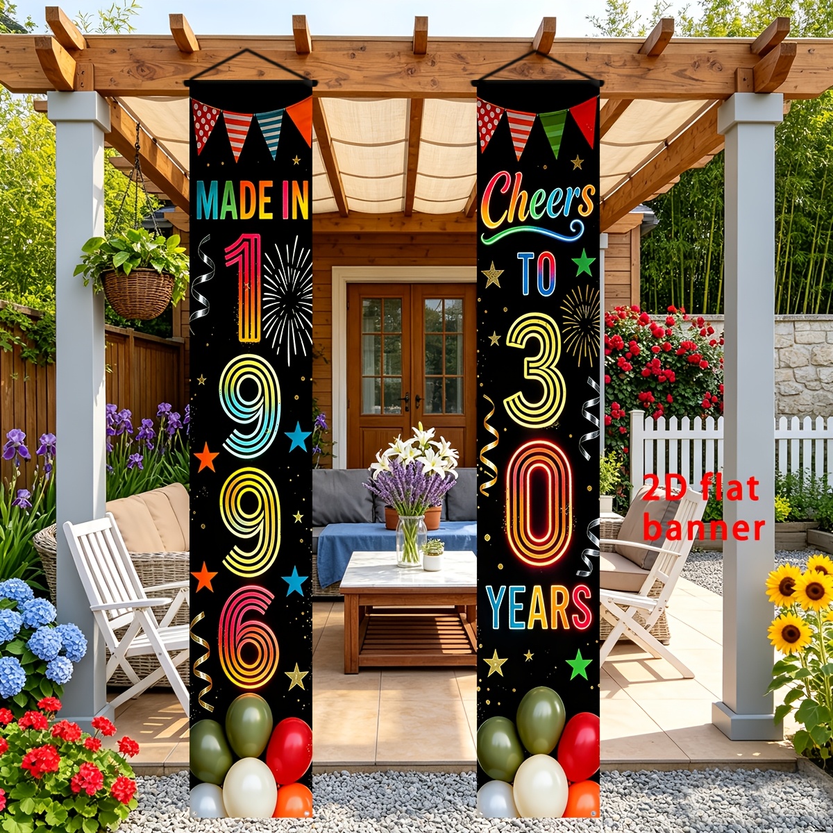 TEMU 2d Flat, 2d Door Banner, 2pcs 30th Birthday Banner Suitable For 1996 Birth Year Decorations - Neon Balloons & Fireworks Door Hanging Sign With