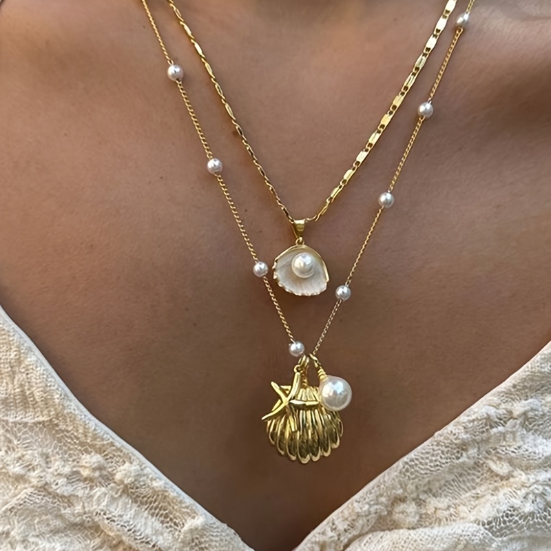 TEMU 2pcs Beach Metal Starfish, Pearl And Shell Necklace Jewelry Set, Double Stacking Strap Necklace Womens Resort Style