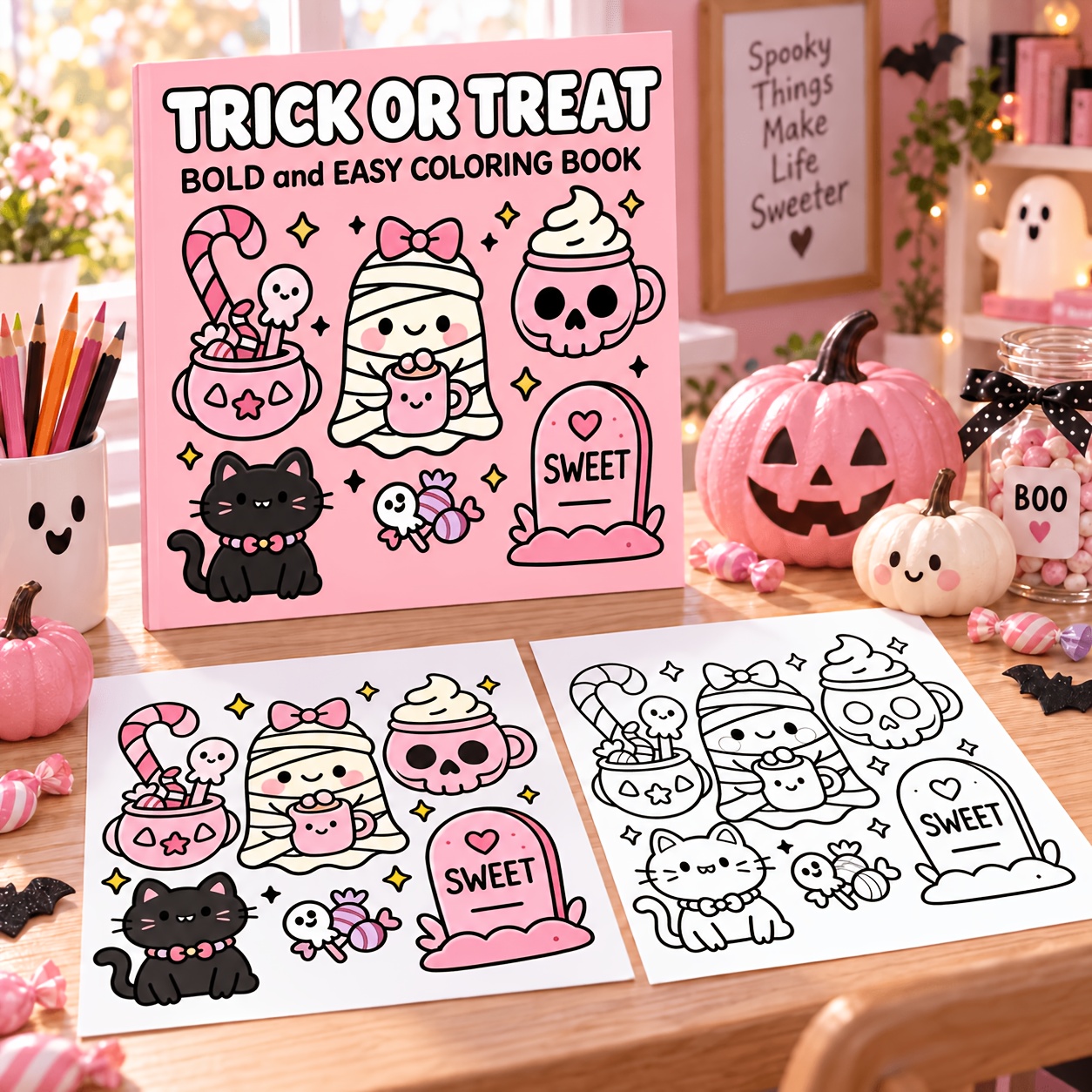 TEMU Halloween Cute Coloring Book, Black Cat, And Candy Theme, Lines Easy To Color, 24pcs Single-sided Coloring Pages, 20 X 20cm, 1pc, Suitable For