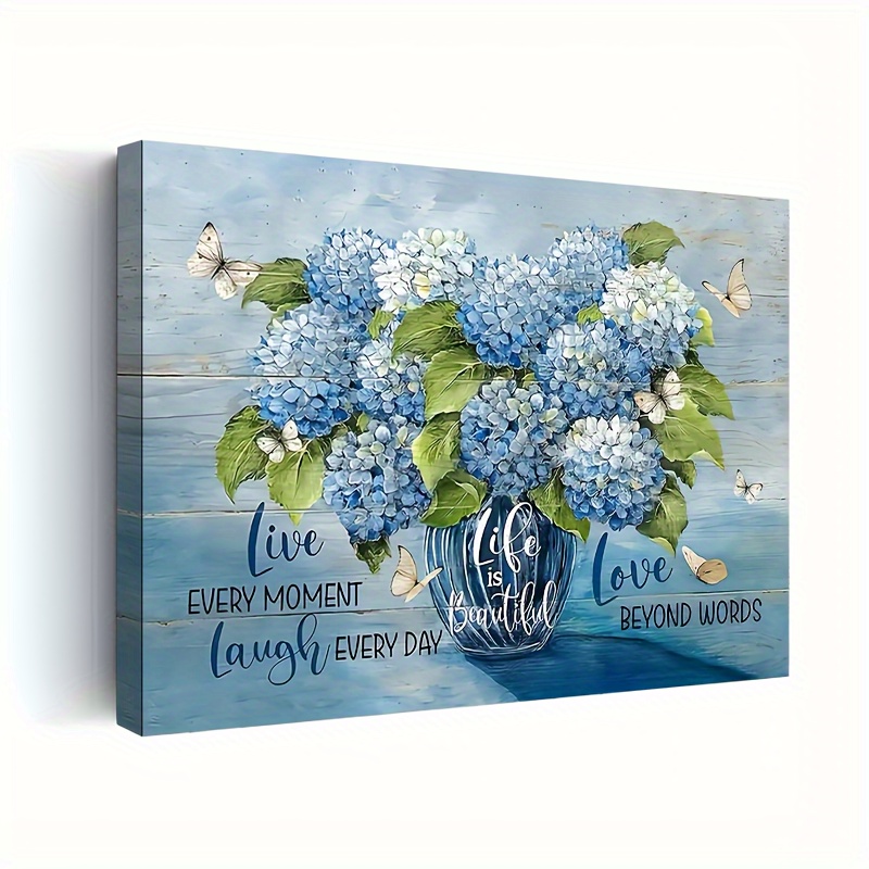 

1pc Wooden Framed Canvas Painting, Farmhouse Blue Flower Wall Art Country Hydrangea Pictures Wall Decor Floral Plant Canvas Prints Bathroom Sign Contemporary 11.8inch*15.7inch Eid Al-adha Mubarak