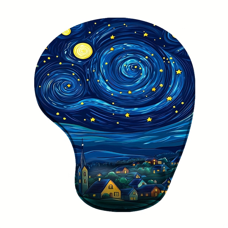 TEMU 1pc -Poignet en Silicone 2D Flat Starry Night Village - Support Tapis de Souris (8.98X7.56 In) - PU Ergonomique Antidérapant, Lavable & Durable,