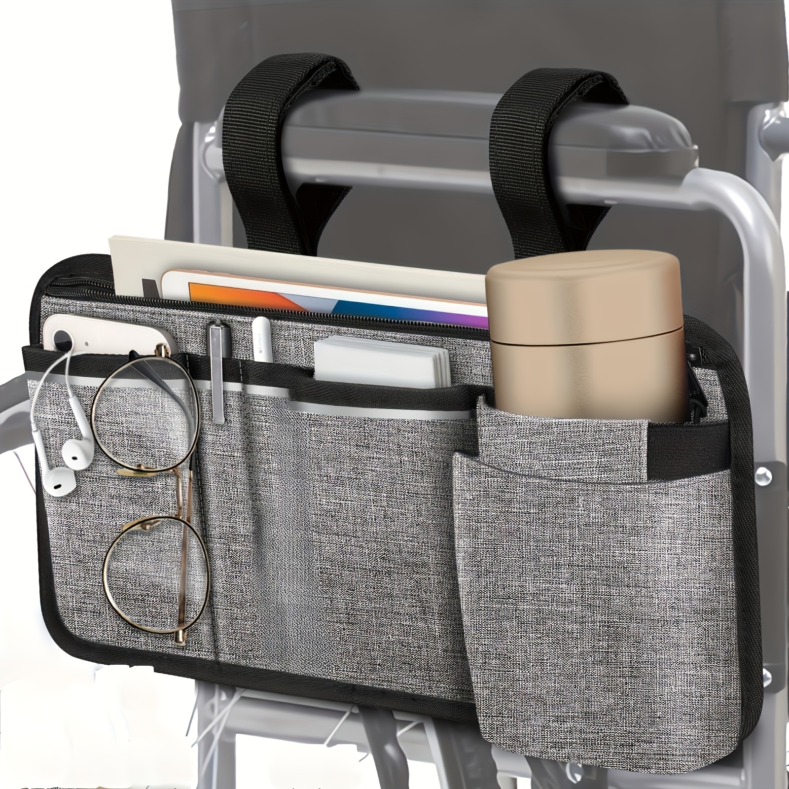 Image of 1pc Wheelchair & Chair Storage Bag With Stretchable Armrest Accessory - Heavy-duty Mobile Phone/tools Organizer Pocket, For,,, Camping, Travel (chair-side) - Compact & Portable Organizer Bag