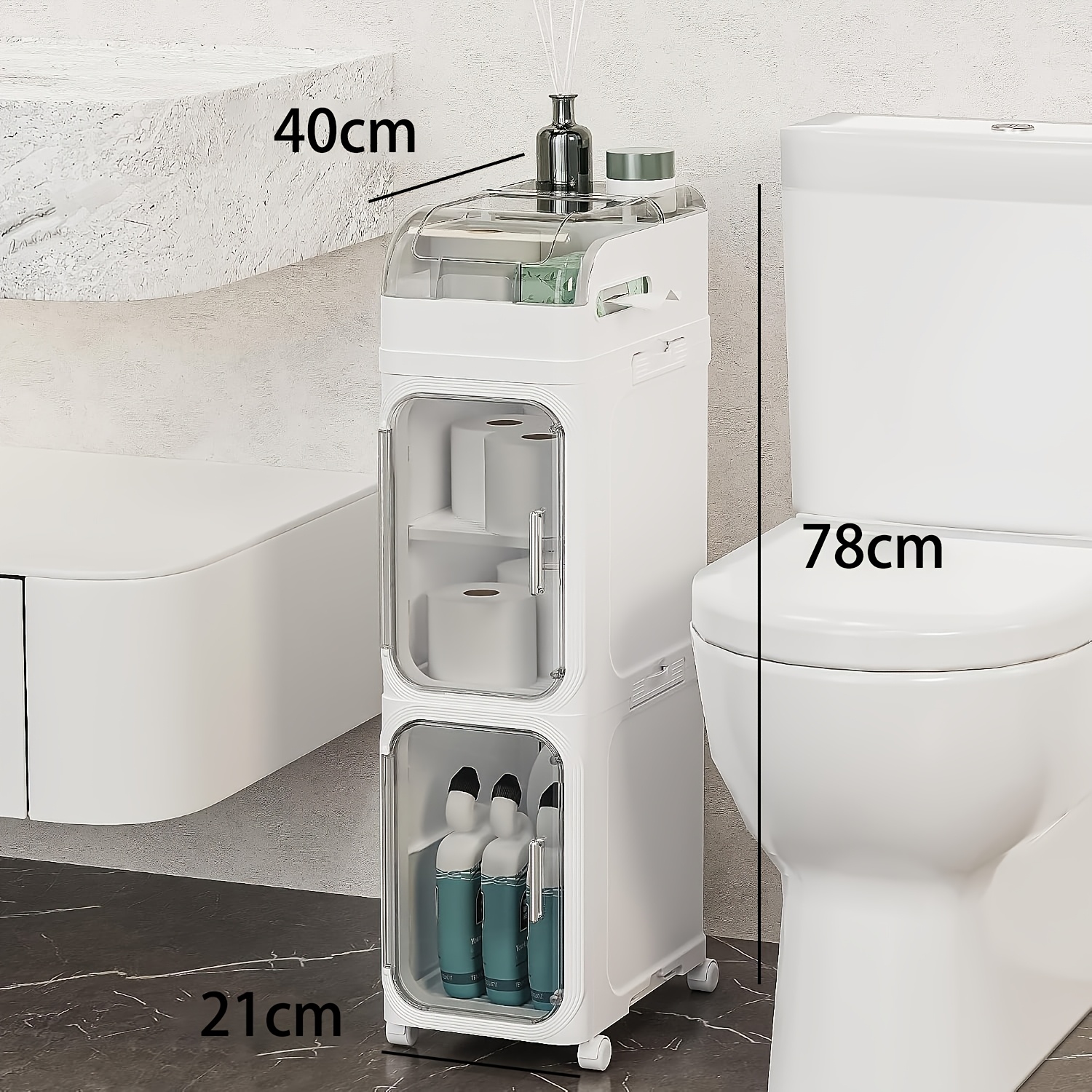 TEMU 8/6/5/3-stöckiger schlanker Badezimmer-Schrank, rollender Toilettenpapier-Schrank mit durchsichtigen Türen, schmaler Toiletten-Seiten-Organizer