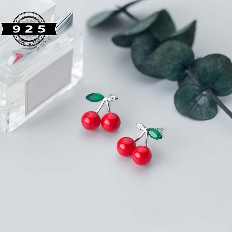 

S925 Silver Cherry Synthetic Pearl Fruit Earrings, Suitable For , Party Dating, Banquet, Birthday Anniversary, Valentine's Day, Thanksgiving, Christmas, New Year And Other Jewelry Gifts 1.2g/0.042oz