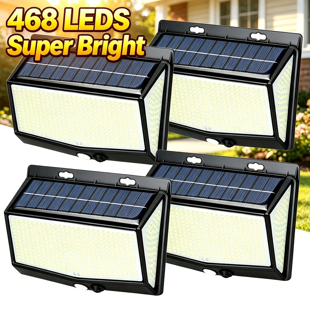 TEMU 4pcs Lampe Solaire Extérieure, 468-LED Ultra-Lumineuse avec Détecteur de Mouvement, Éclairage Faces, Lampe de Sécurité Solaire Adaptée , Patios,