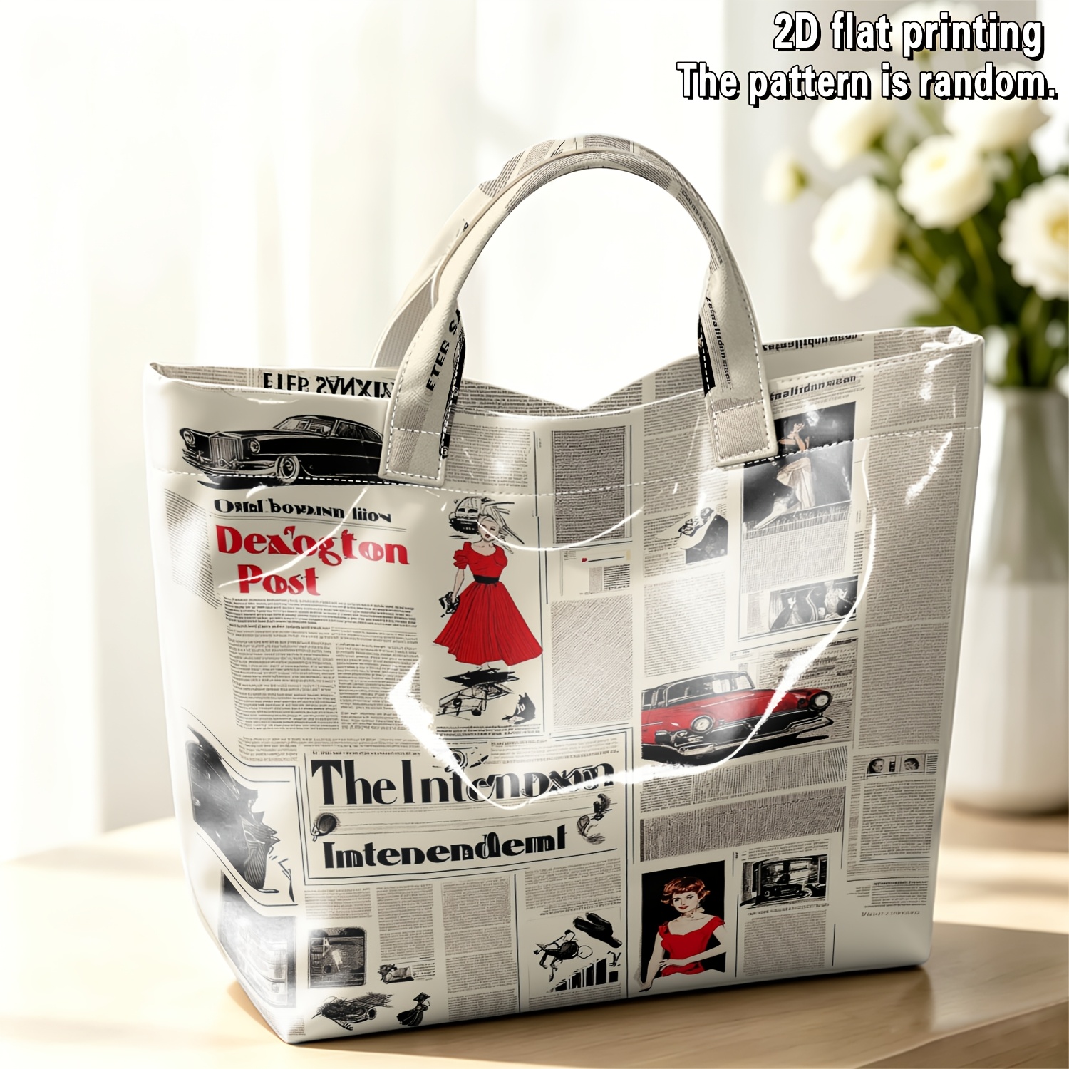 TEMU Sac fourre-tout/sac à main/sac fourre-tout polyvalent en PVC pour femme, décoré d'un imprimé journal vintage nostalgique, grande , sac à main de
