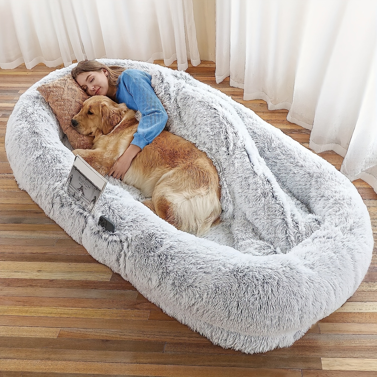 

Bed, 71''x45''x12'' Size Fits You And Pets, Washable Faux Fur Dog Bed For People Off, Napping Orthopedic Dog Bed, Present Plump Pillow, Blanket, Strap - Grey