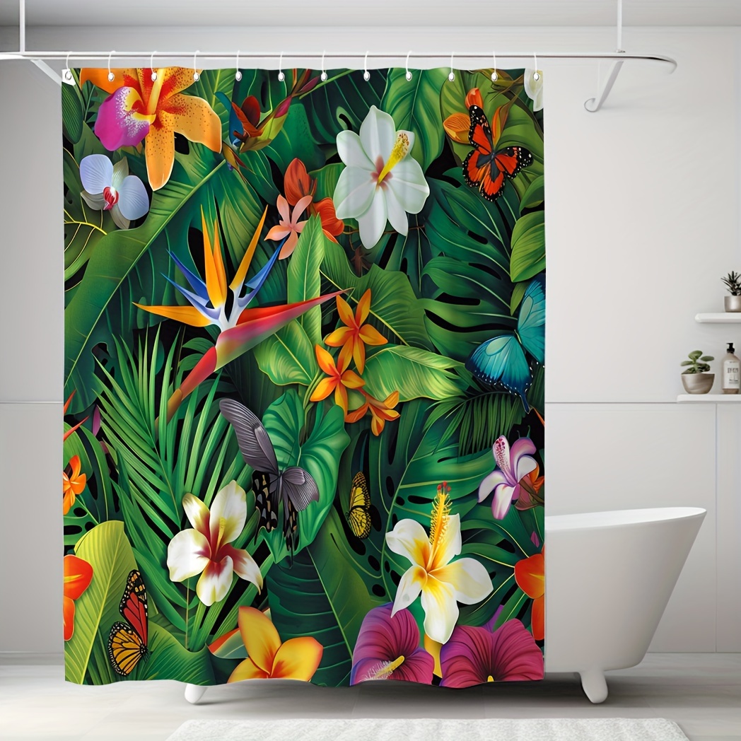 

1pc Tropical Plants Printed Pattern Waterproof Shower Curtain, Hotel Apartment Toilet Bathroom Shower Curtain, Tapestry Wall Decoration Pendant, 71inch*71inch, Contains 12 Hooks