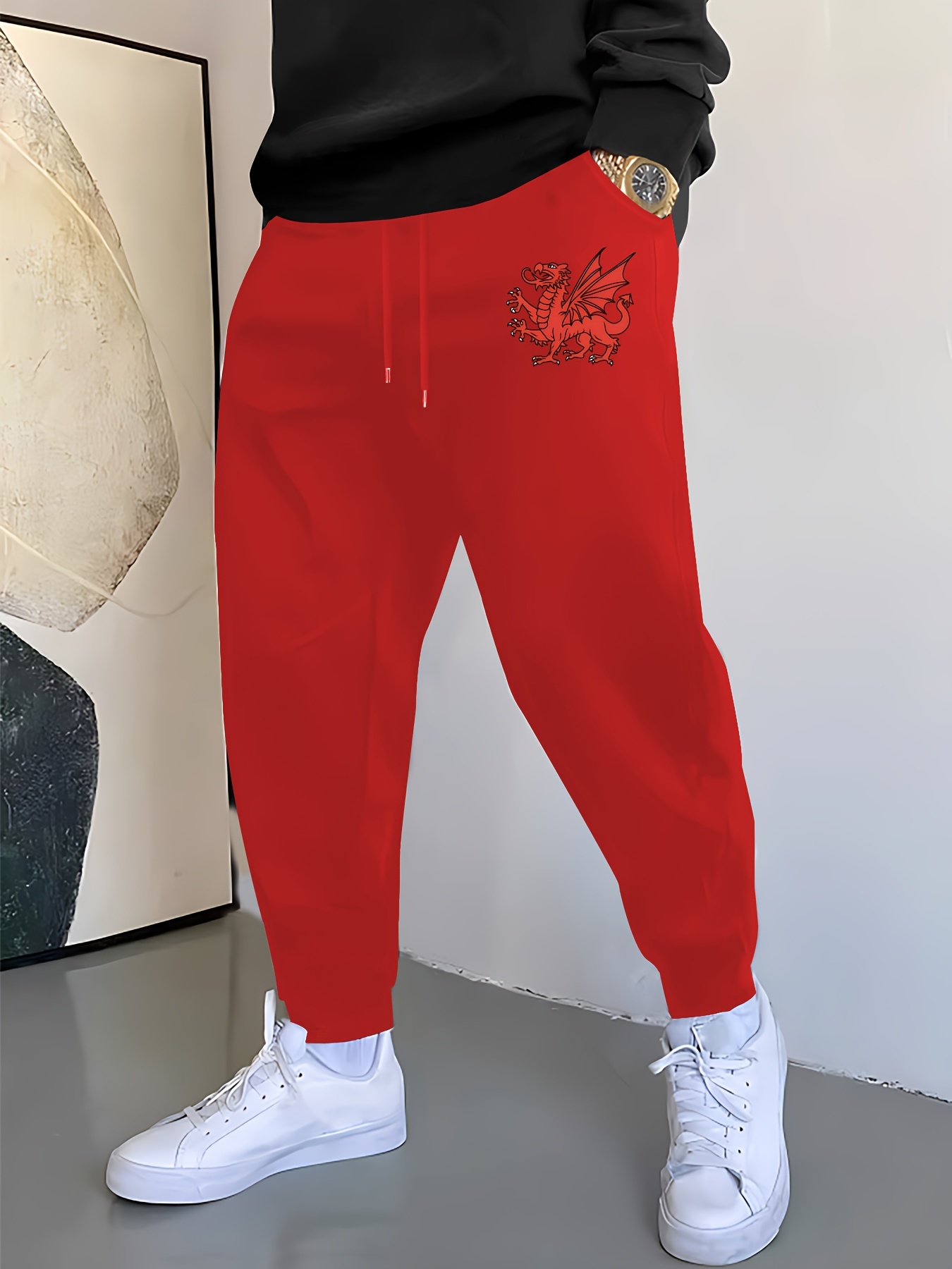 Dragon Print Drawstring Sweatpants Loose Fit Pants Men's - Temu