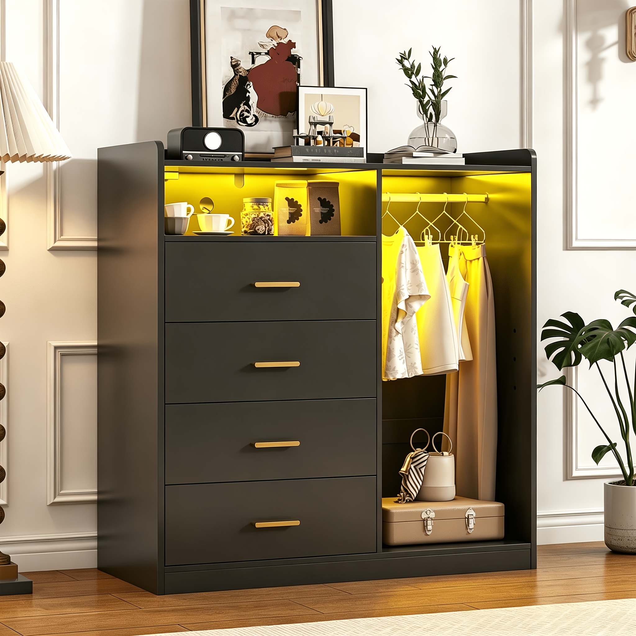 Dresser With Clothes Rack For Bedroom Wood, 4 Drawer Dresser Black With Led Lights And Power Outlet, 15.7" D .3" W X 45.7" H, Tall Storage Chest Of Drawers With Flexible Shelf, Blacklack