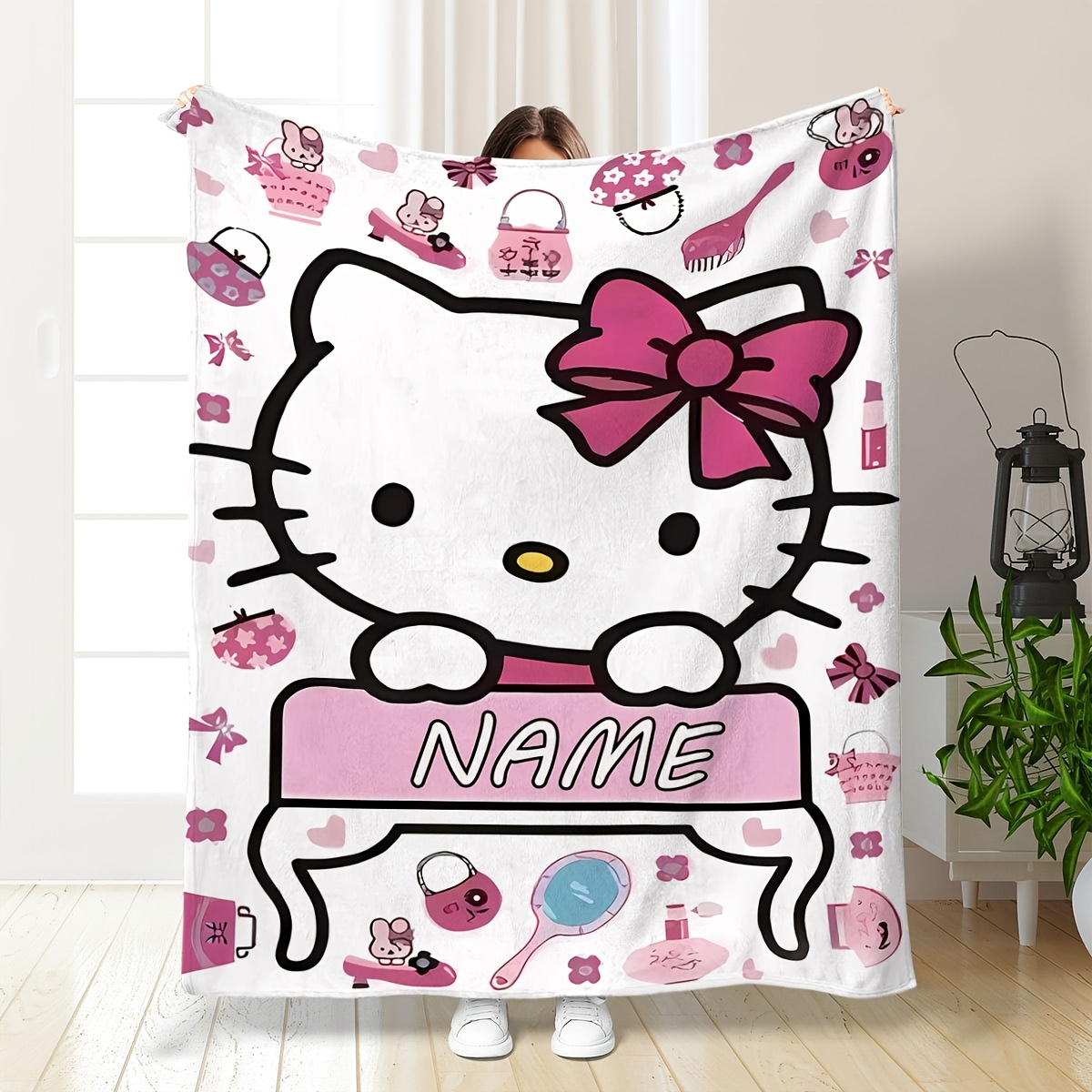 

1pc Hello Kitty Customizable Flannel Throw Blanket - , Hypoallergenic, Stain Resistant, Machine Washable, Anime Themed Bedding With , Knitted Polyester, 200-250gsm