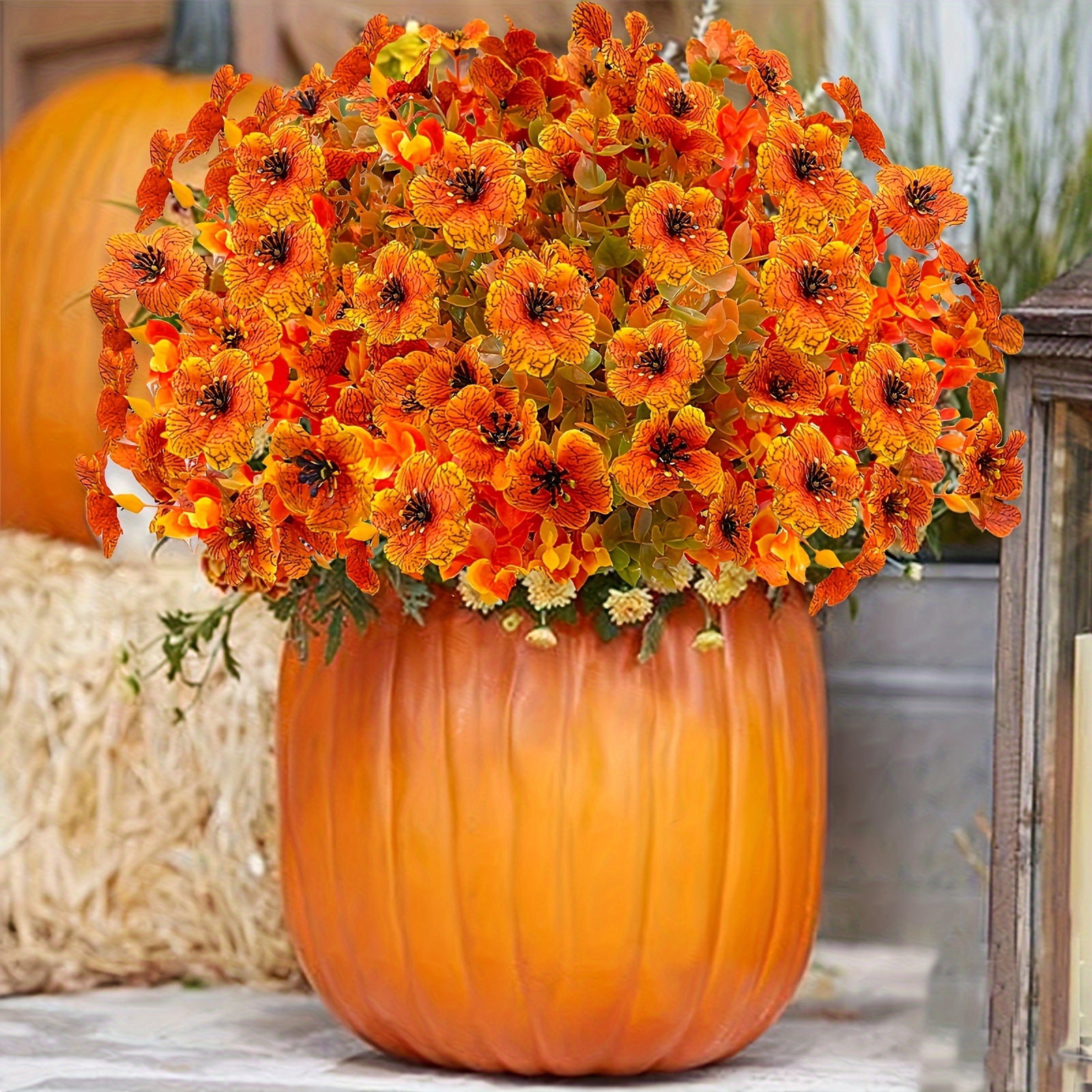 

Artificial Fall Flowers For Outdoors Decor, 6 Bundles Fake Flowers Mums Uv Resistant Plastic Eucalyptus Plants For Outside Autumn Christmas Patio Porch, Window Box Pot-orange Mixed