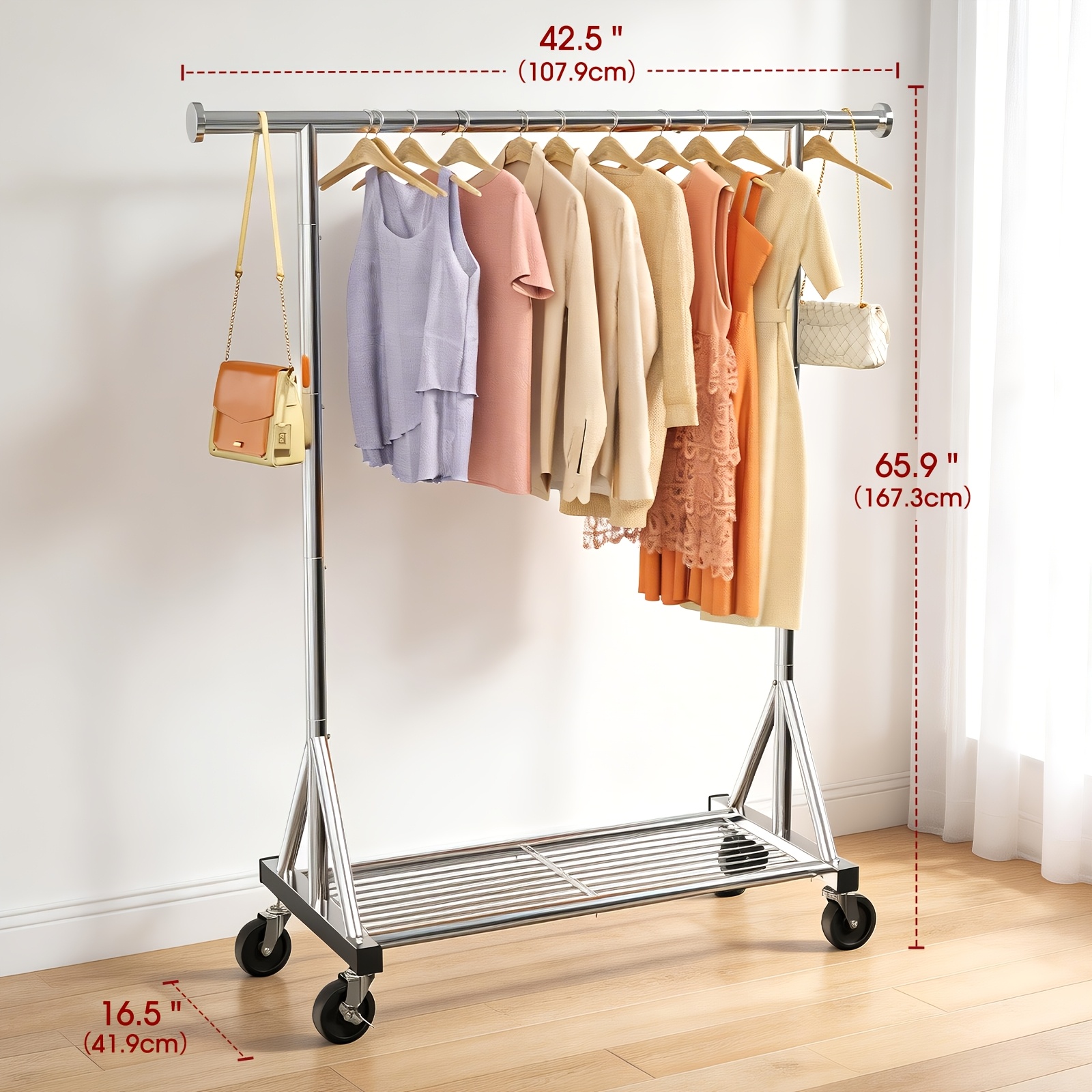 Image of Rolling Garment Rack Heavy Duty Stainless Steel Clothes Rack With Mesh Shelves, Multifunctional Closet Organizer For Bedroom, Laundry Room, Store, Size: 107.9 X 41.9 X 167.3cm, Silvery