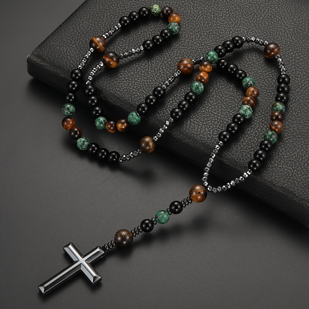 Image of Cross-border New African Tiger Eye Retro Natural Stone Men's Long Cross Necklace Sweater Chain