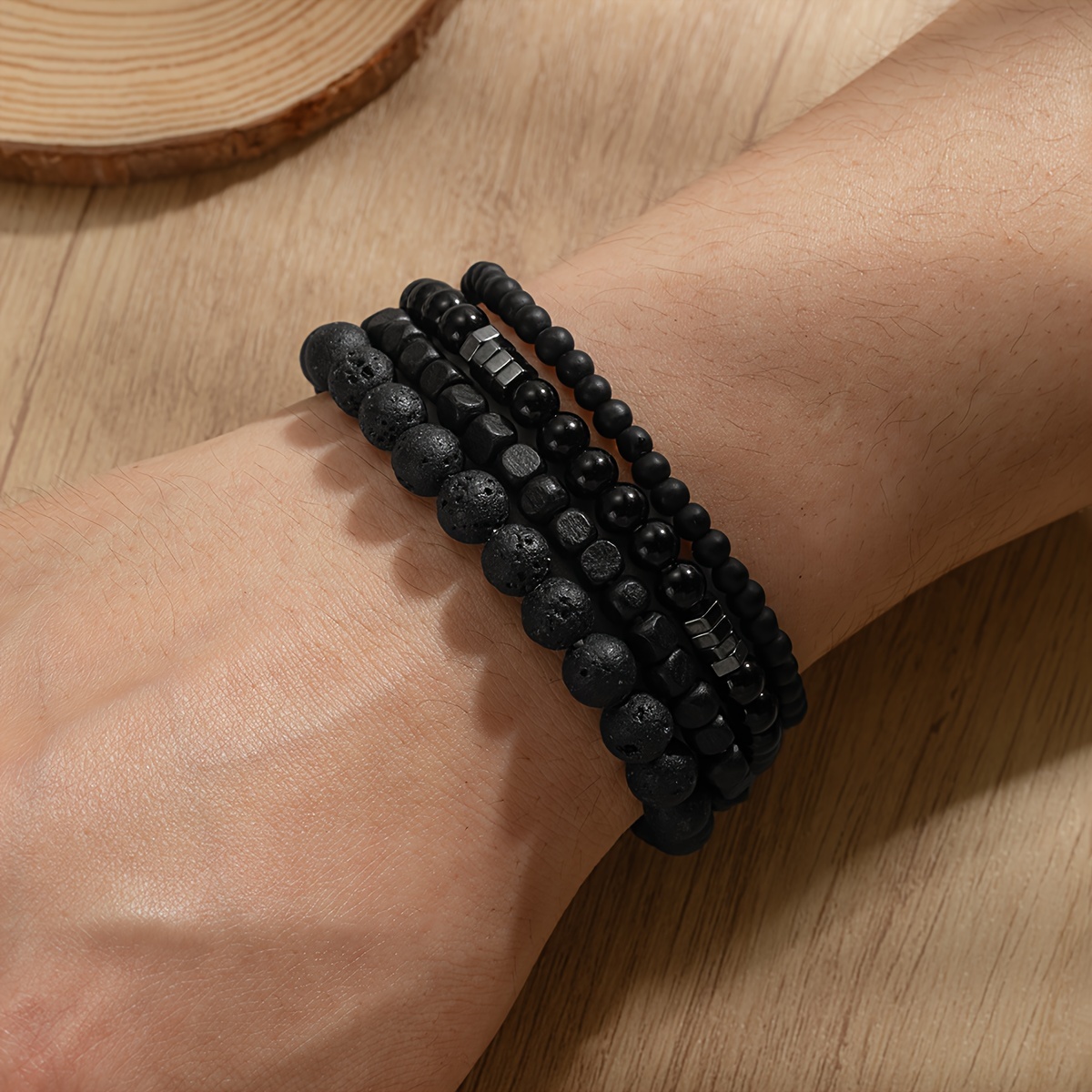 

4-piece Set Retro Simple Volcanic Stone Obsidian Beaded Elastic Men's Multi-layer Bracelet, Fashion Jewelry Gift, Casual Style, No Plating, Artificial Stone Material