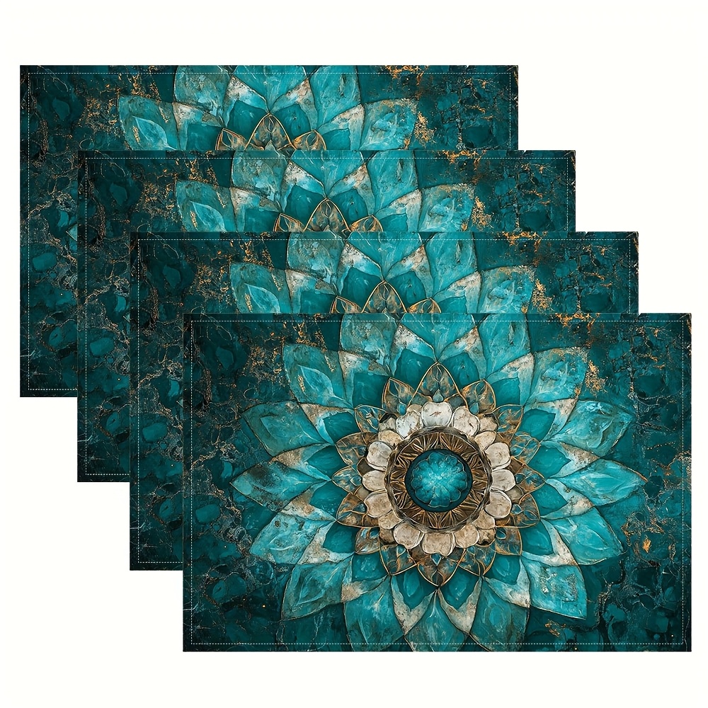 Image of 4pcs, Mandala Turquoise Placemats, Fashion Print Pattern Table Mat, For Dining Table, Kitchen, Party, Indoor, Holiday, Dinner Parties And Home Decor (table Mats) 30.48x45.72 Cm Yacp598