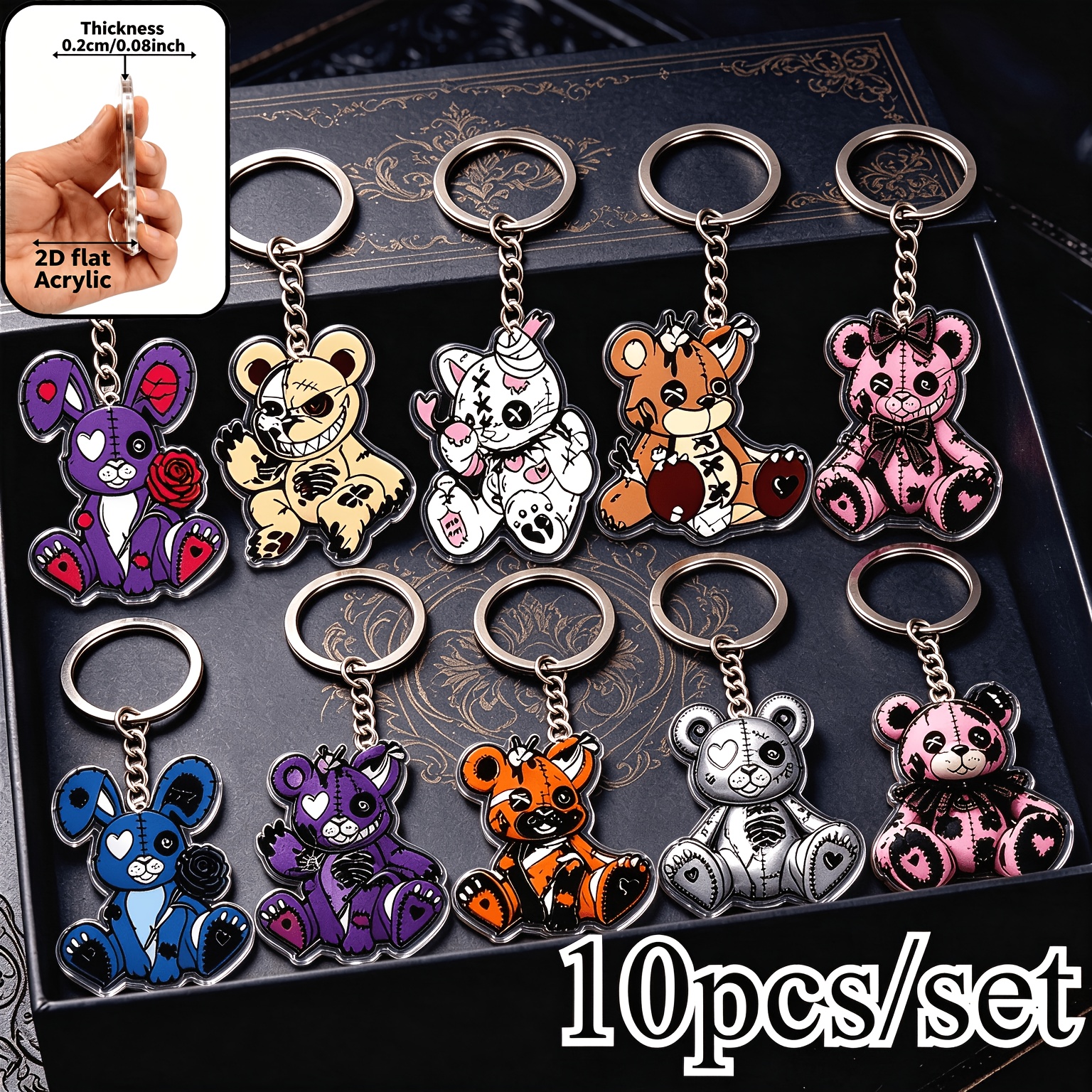 TEMU 10pcs Gothic Style Animal Keychain Set, Cute Rabbit, Bear, Cat Keychains; Wallet/backpack Pendant; Unisex; Couple Keychains; Fashion Accessory;