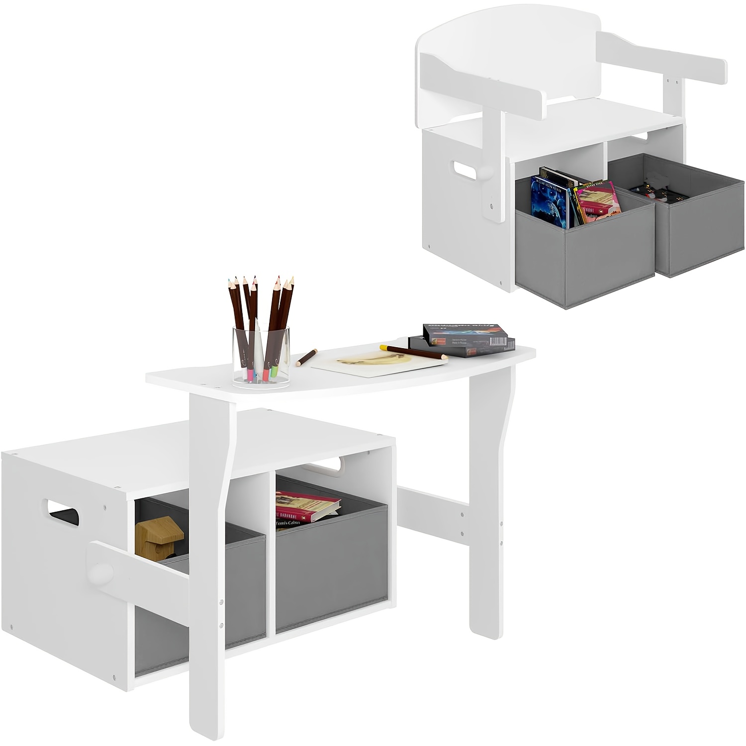 Image of Wooden Table With Bench, Seating Set With Storage Space, 2-in-1 Dining Room Furniture, Chest Bench With Storage Boxes, For Living Rooms, White And Gray