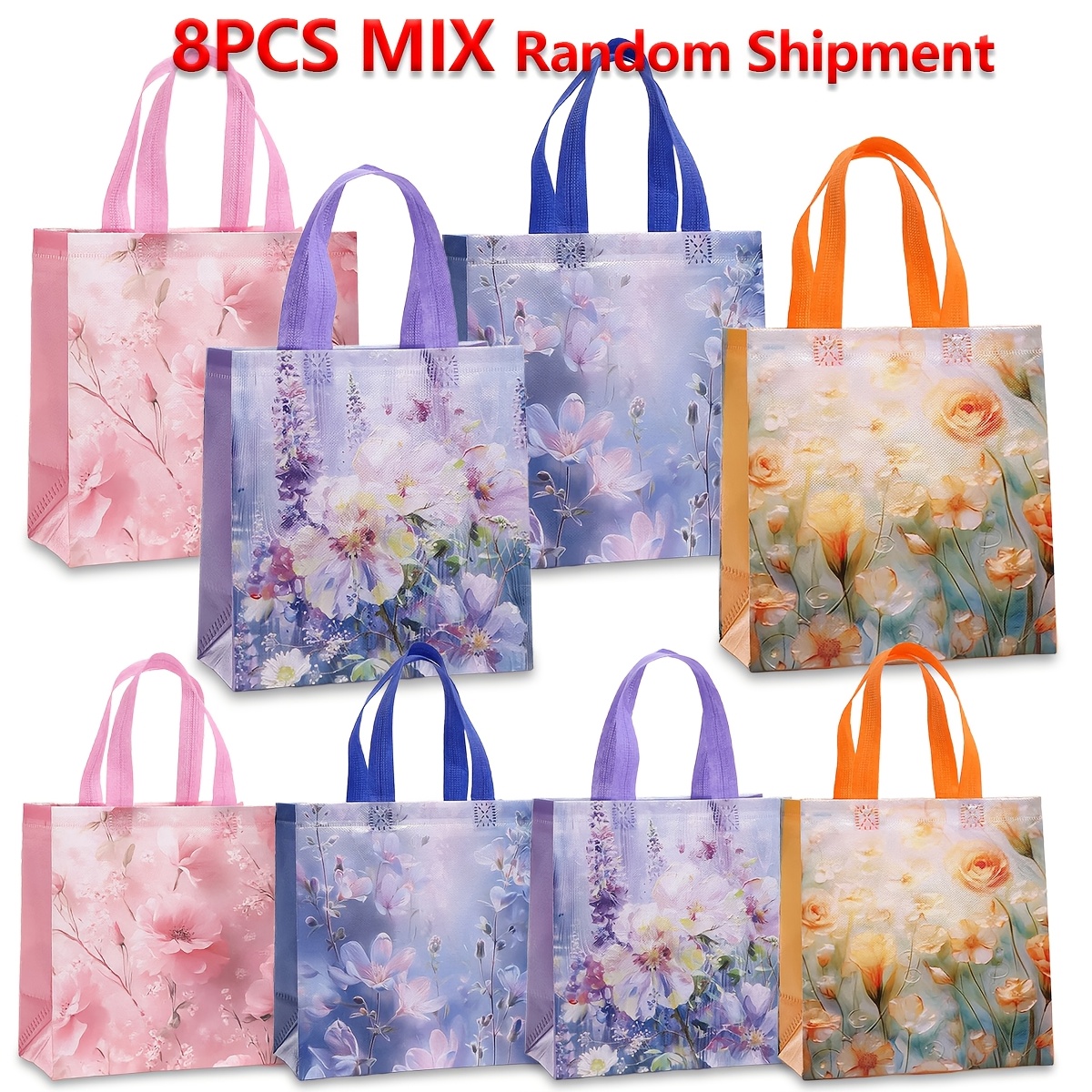 TEMU Gift For Her/him 8/16pcs Random Colors Floral Theme Pattern Printed Gift Bags, Oil Painting Feel Non-woven Fabric Tote Bags, Spring Theme