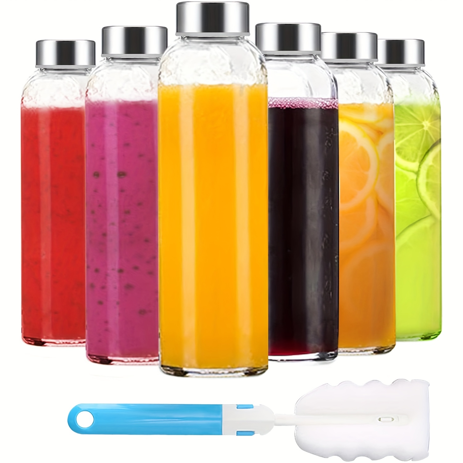 Image of 18oz Clear Glass Bottles With Lids 7pcs Set (6 Cups + 1 Bottle Brush), Glass Water Bottle With Stainless Steel Lid, Suitable For Fruit Juicing, Juice Refrigeration, Leak-proof With Sealed Lid.