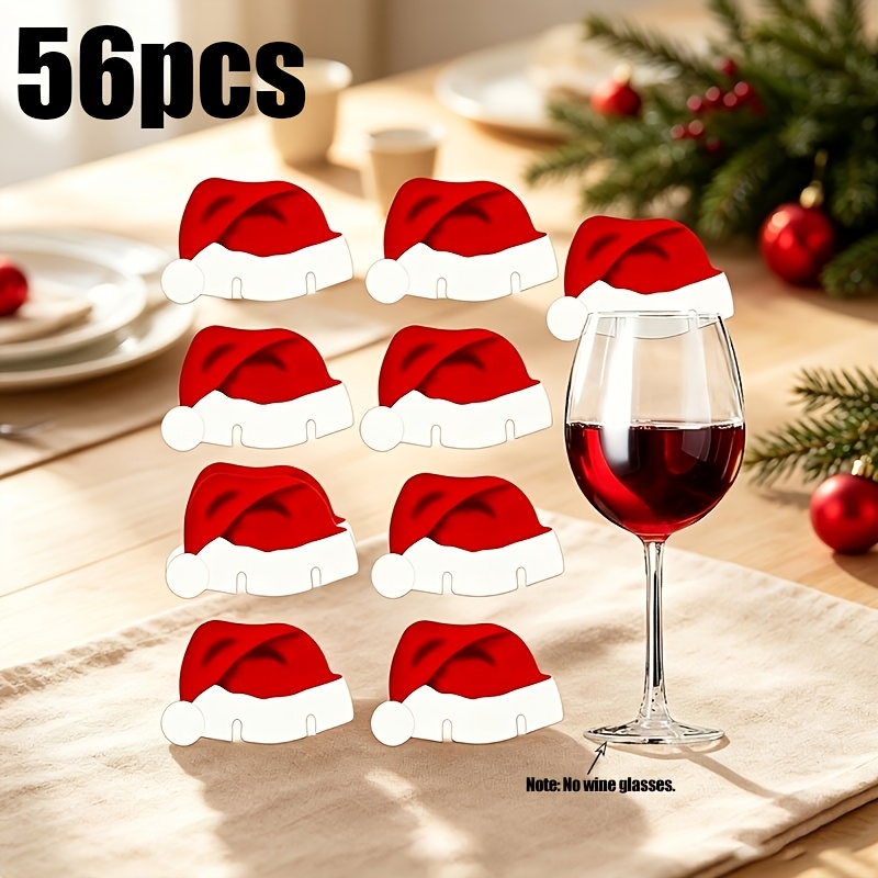 TEMU 56 pezzi - Decorazioni per bicchieri da vino a forma di cappello di e etichette di carta con - Adatti per cene di Natale, forniture per feste di