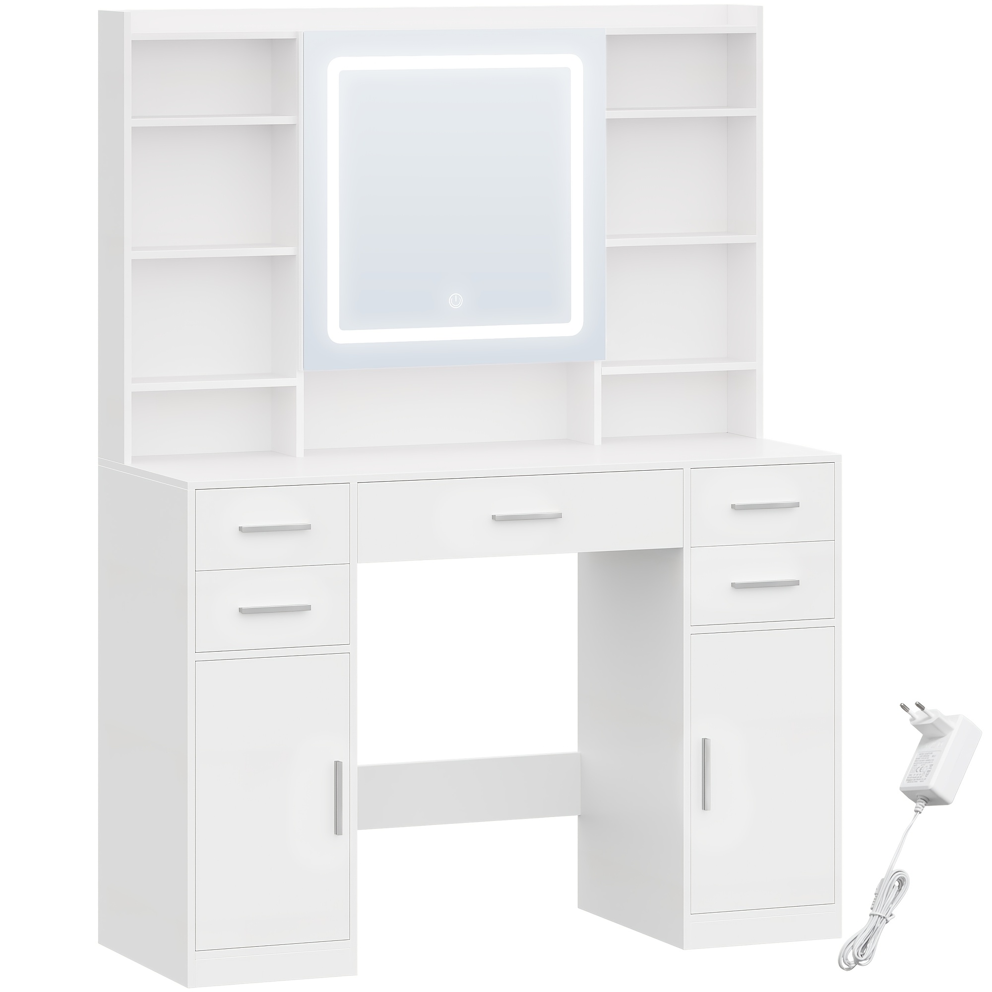 Vanity With Mirror, Vanity, Vanity With 5 Drawers, Vanity With 2 Drawers And 9 Open Compartments, Hidden Shelf, White
