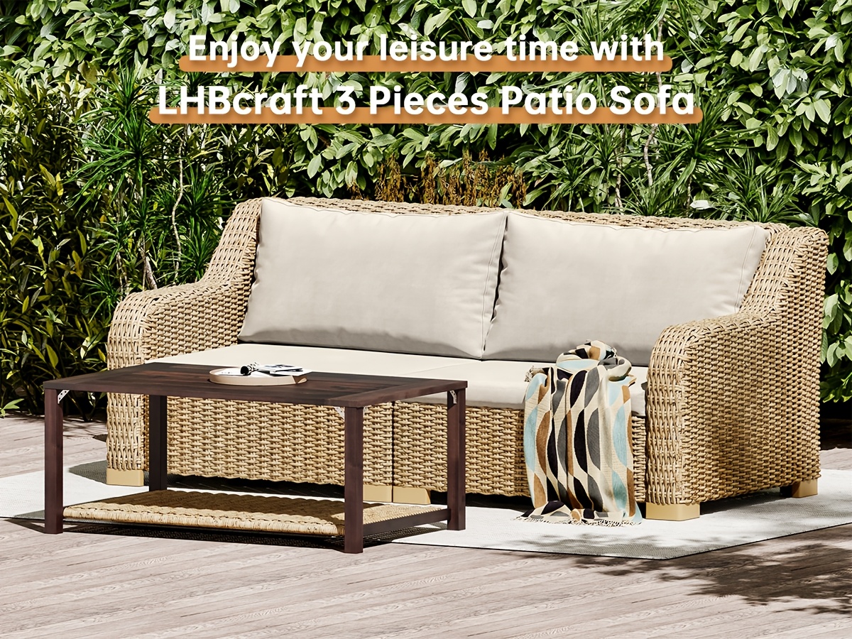 3pcs Outdoor Rattan Sofa Set, All-Weather Ergonomic Patio Furniture with Storage Coffee Table And Cushions, Elastic Seat Cushions, Handwoven Patio Furniture for Porch, Garden, Backyard, Durable Outdoor Furniture for Family Gatherings, Ideal Gift