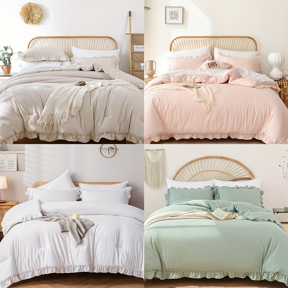 

2/3pcs Ruffle Comforter Set, Vintage Bedding, Microfiber Fluffy Comforter, Elegant Solid Full Size Farmhouse Bedding Sets Gifts.