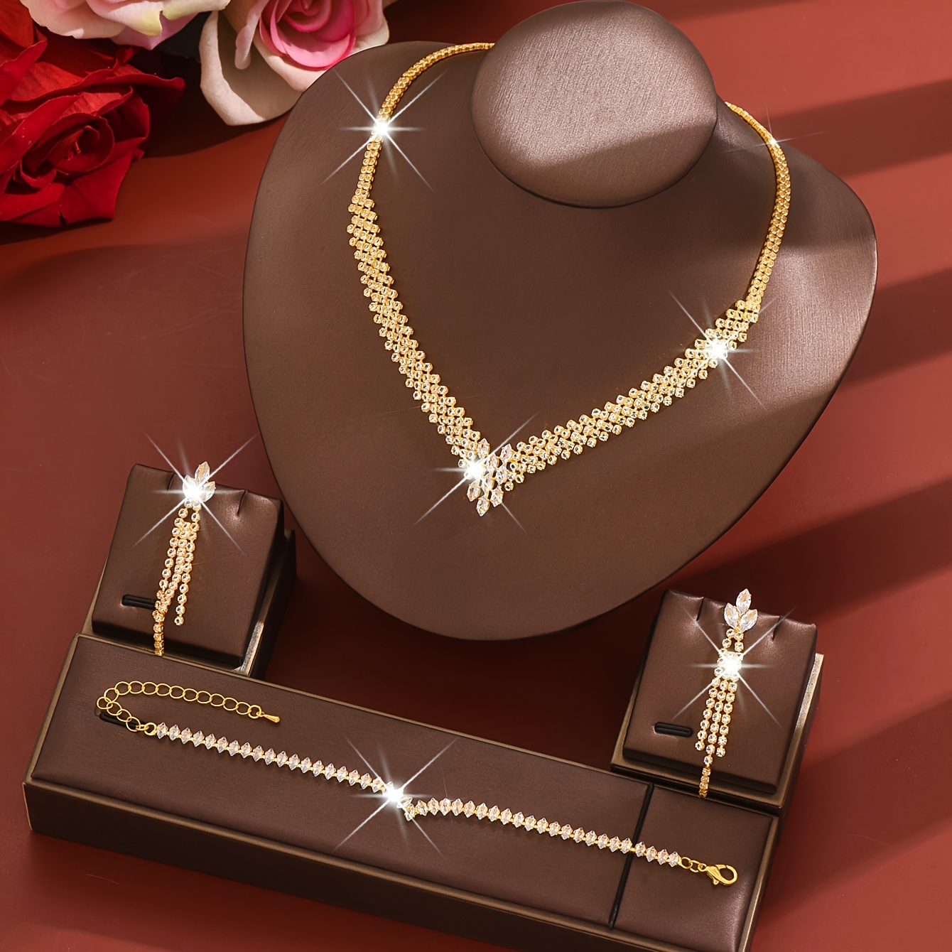 TEMU Bridal Wedding Jewelry Set Silvery/golden Rhinestone Necklace Earrings Bracelet Sets Formal Costume Jewelry For Women And Brides, Elegant