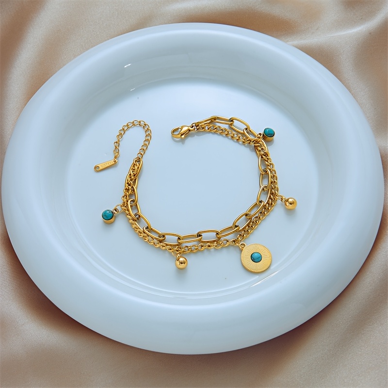 TEMU Bracelet multicouches élégant, et en acier inoxydable doré avec plaquettes rondes et décorations de perles, pour femme, style de luxe léger ,